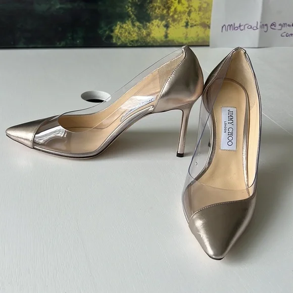 Jimmy Choo champagne color & plastic trim 8.5M(38.5) pointed toe classic pumps